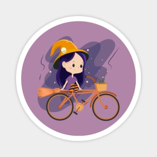 Cute Cartoon Witch Riding a Bicycle Magnet